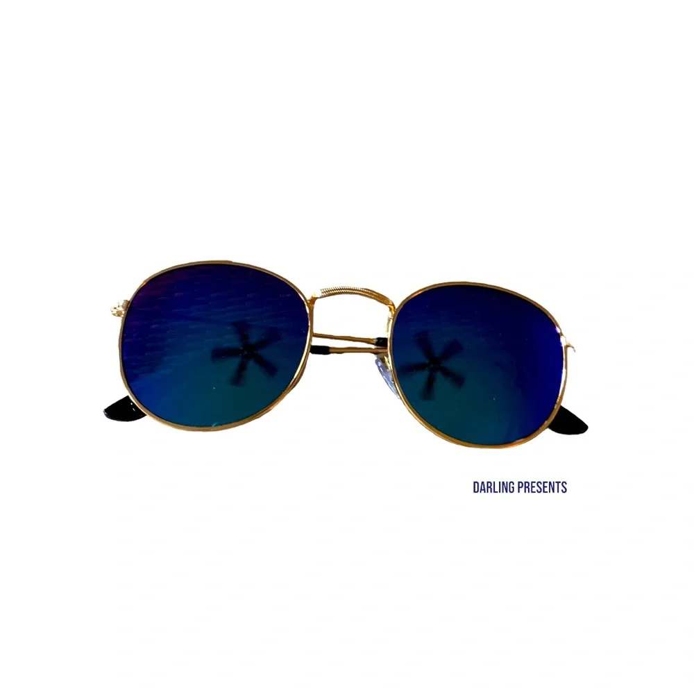 Round Blue Lens Gold Frame Sunglasses Unisex